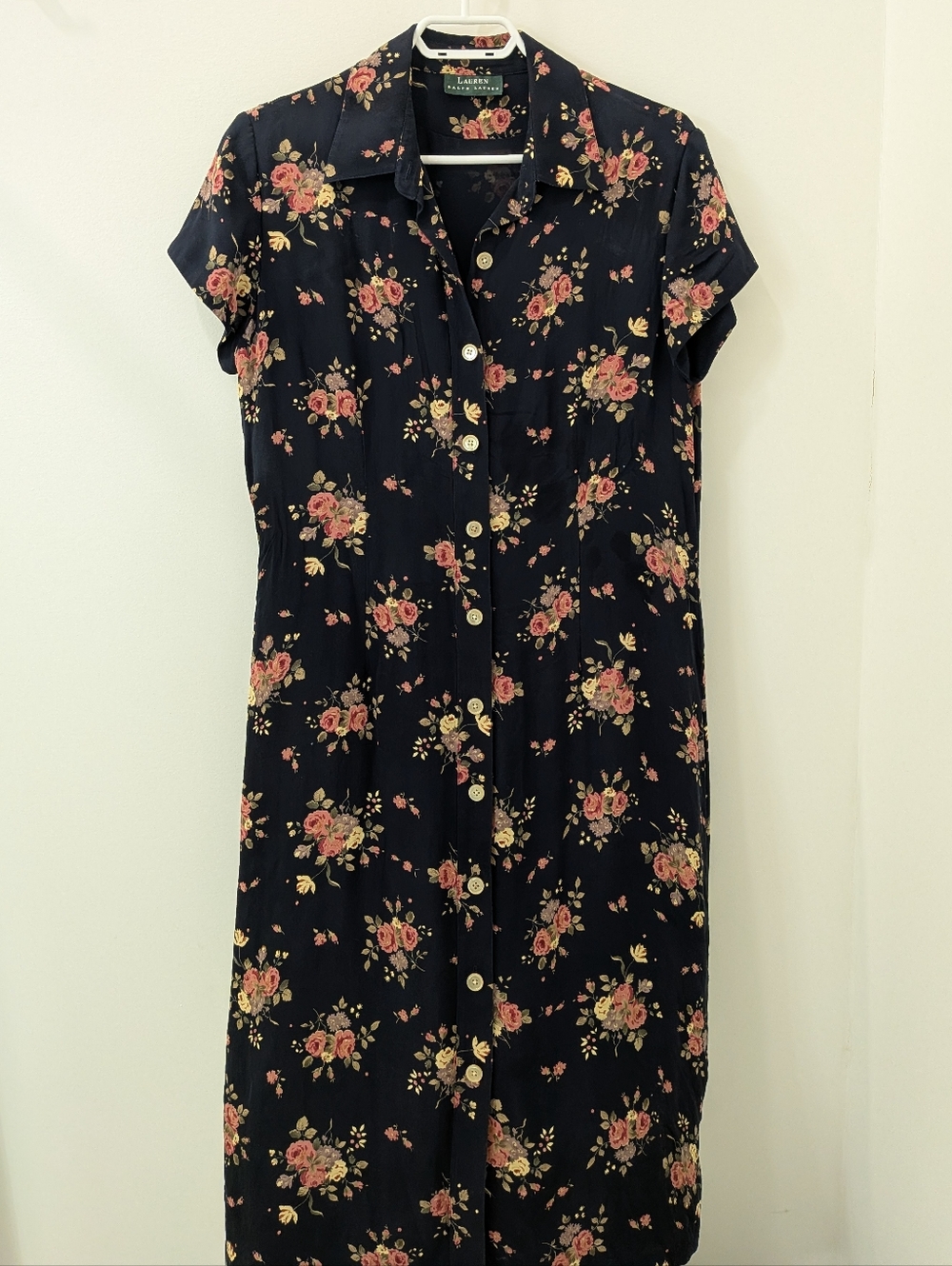 Vintage 90s Lauren Ralph Lauren 100% Silk Floral Midi Shirt Dress